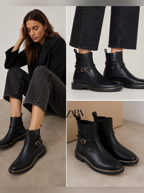 Zara Shoes - Zara Black Ankle Boots Size 35 Buckle Strap Gold Trim Moto Booties